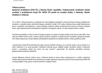 Společné prohlášení APSS ČR a Charity České republiky k dofinancování sociálních služeb v r. 2019
