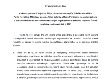 Vláda dnes zamítla návrh na vydání zákona o poskytování dotací NNO ze státního rozpočtu ČR