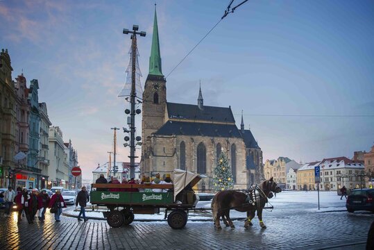 Při zahájení Tříkrálové sbírky v Plzni se malí koledníci svezli na koňském povozu