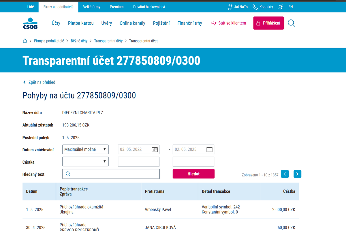 Transparentní účet Diecézní charity Plzeň